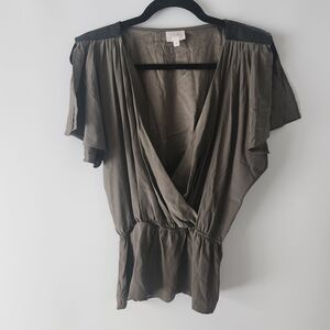 Parker Silk Drape Front Peplum Blouse Khaki Size M